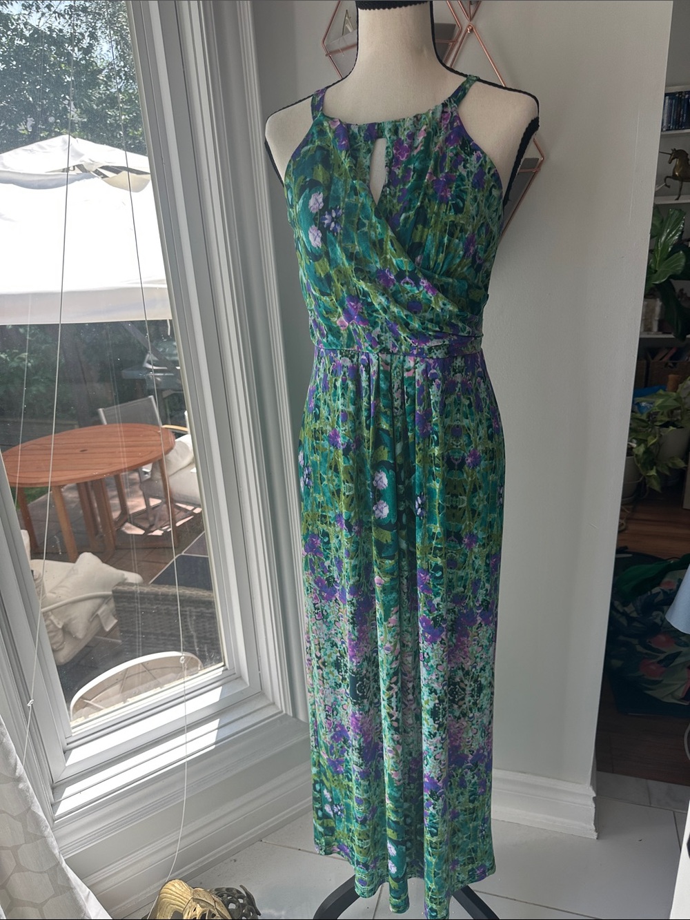 CYNTHIA ROWLEY Green & Purple Floral Watercolour Maxi Dress Column Keyhole Sz 6